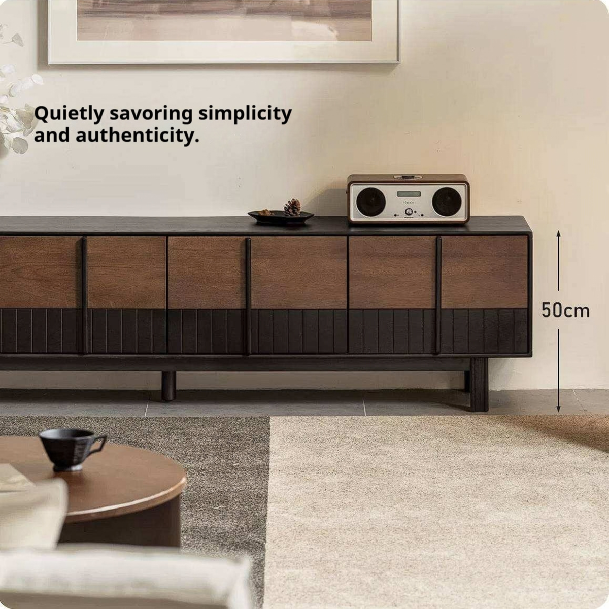 Ash Solid Wood TV Console with Black Frame and Ribbed Wood Sliding Doors