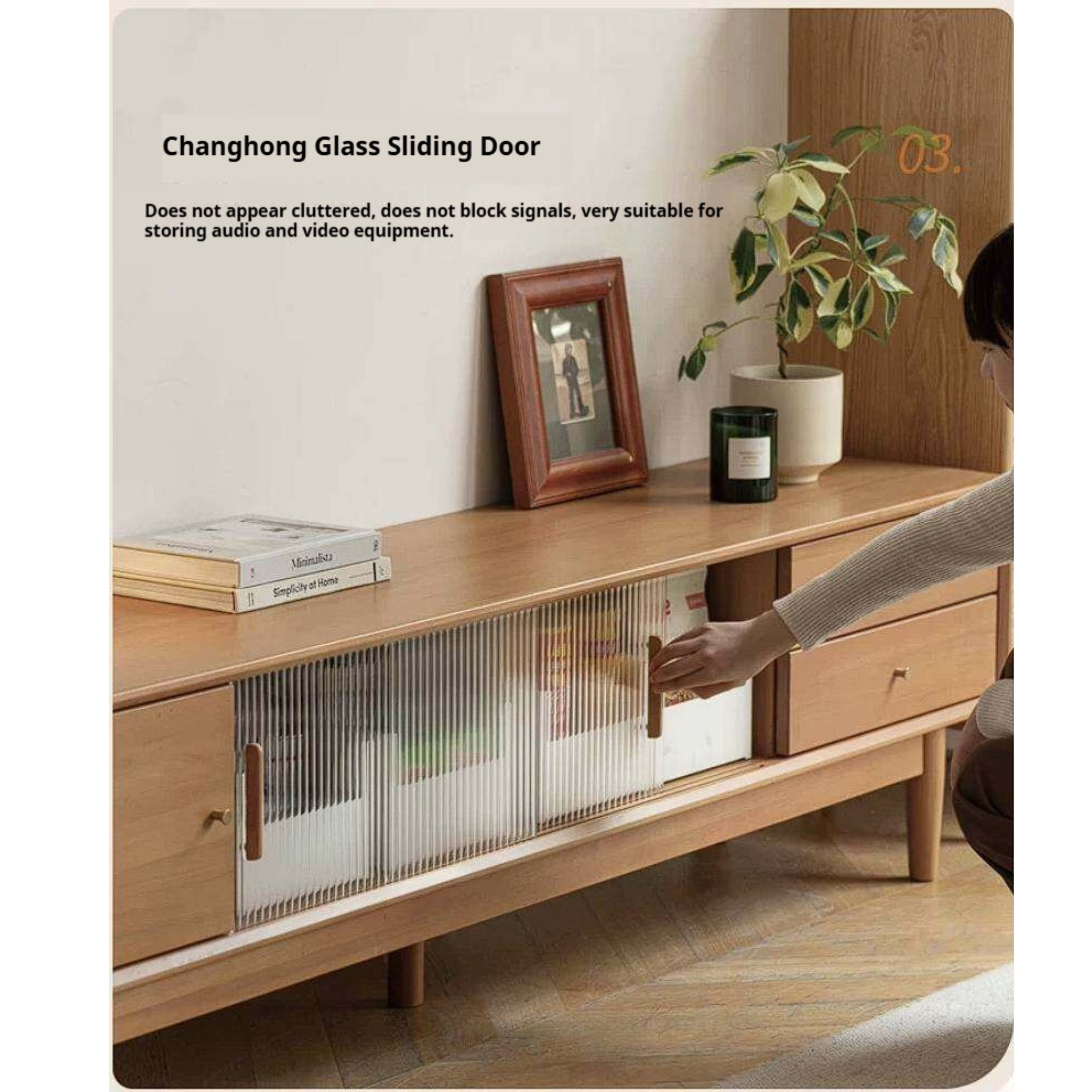 Poplar Solid Wood TV Cabinet with Glass Sliding Doors and Modern Storage
