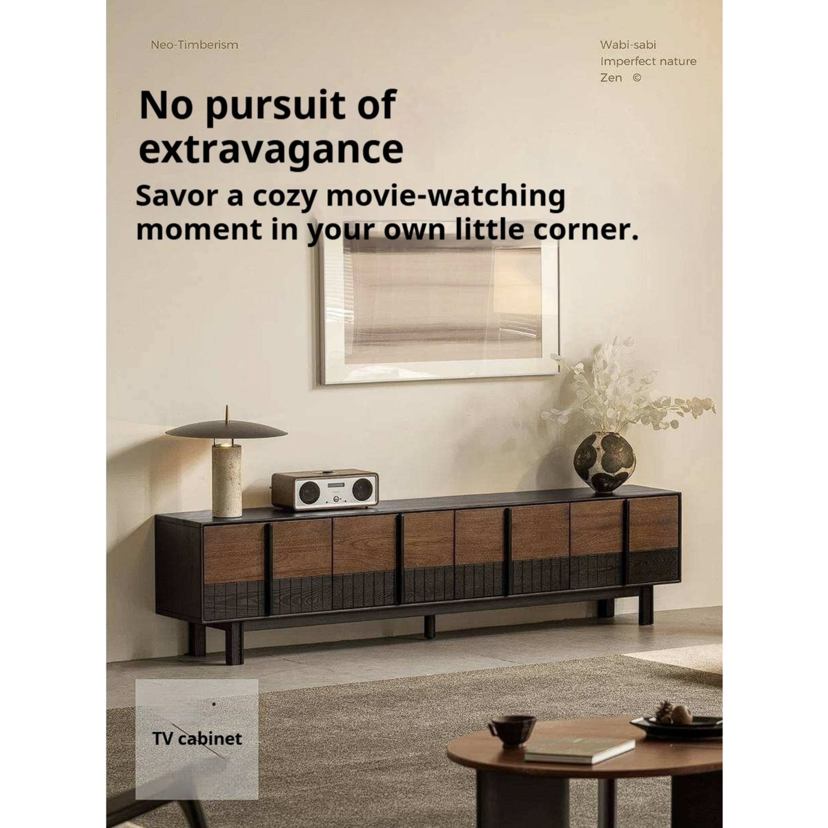 Ash Solid Wood TV Console with Black Frame and Ribbed Wood Sliding Doors