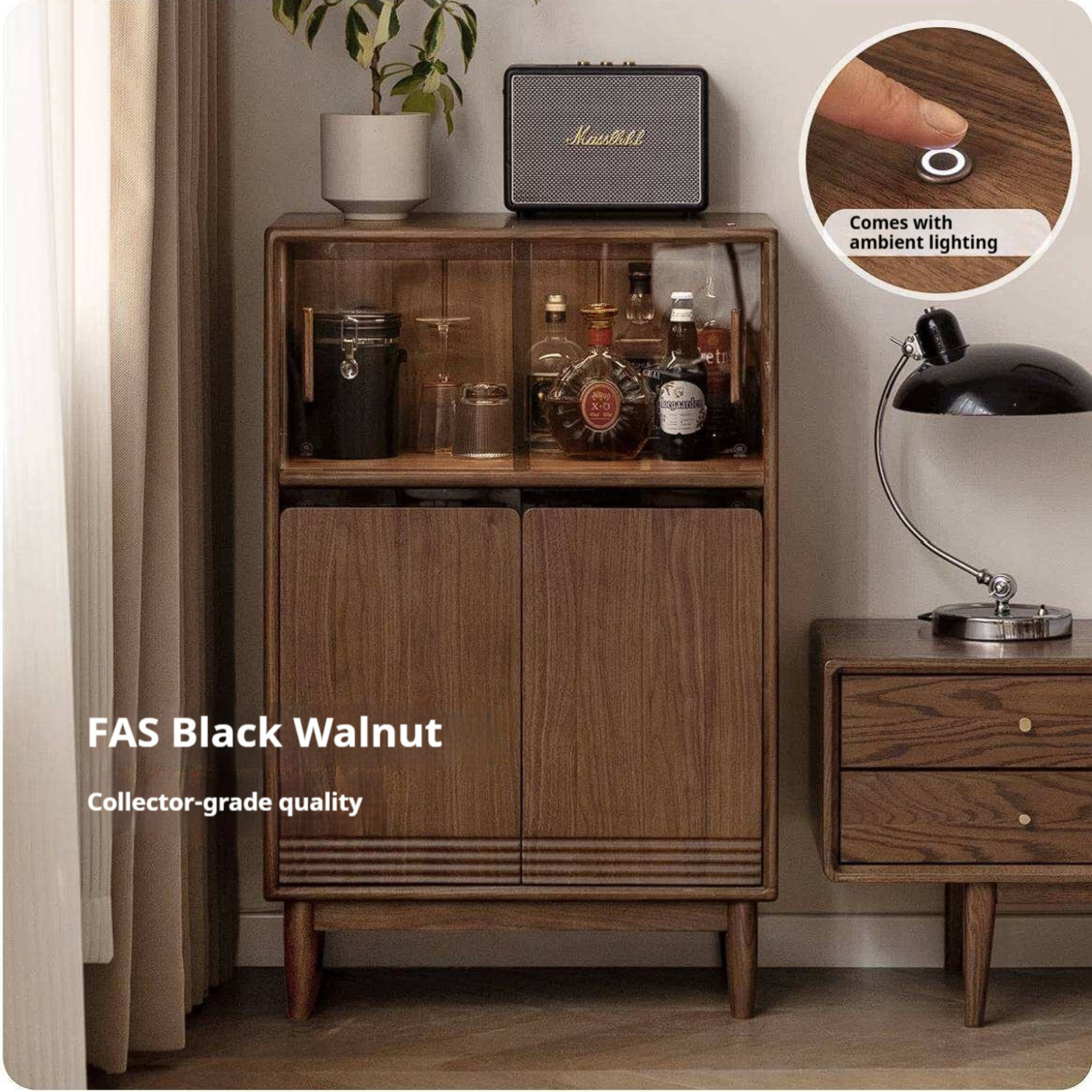 Black Walnut, Golden Rosewood, Oak, Ash, Cherry Solid Wood Side Cabinet with Minimalist TV Stand Storage Design