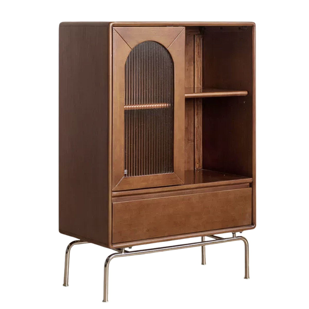 Black Walnut, Tulipwood Solid Wood Display Cabinet with Arched Fluted Glass Door, LED Light and Metal Legs