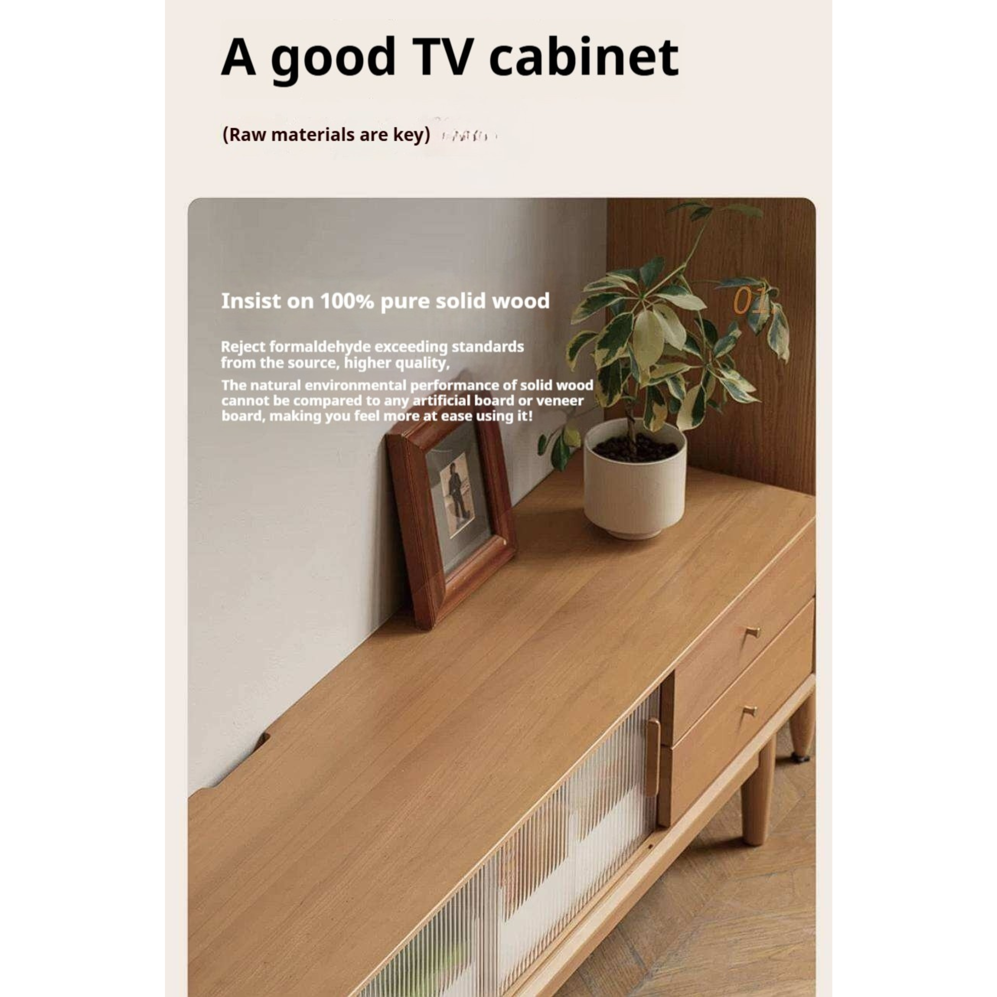 Poplar Solid Wood TV Cabinet with Glass Sliding Doors and Modern Storage