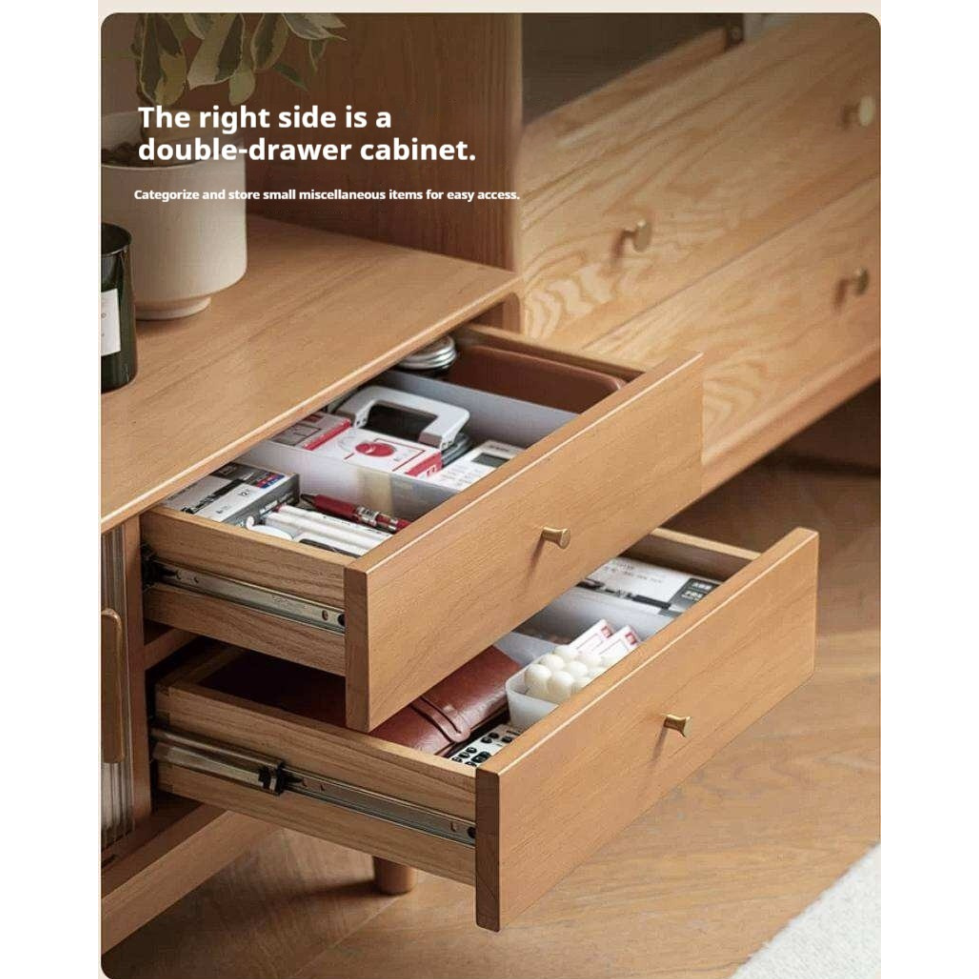 Poplar Solid Wood TV Cabinet with Glass Sliding Doors and Modern Storage