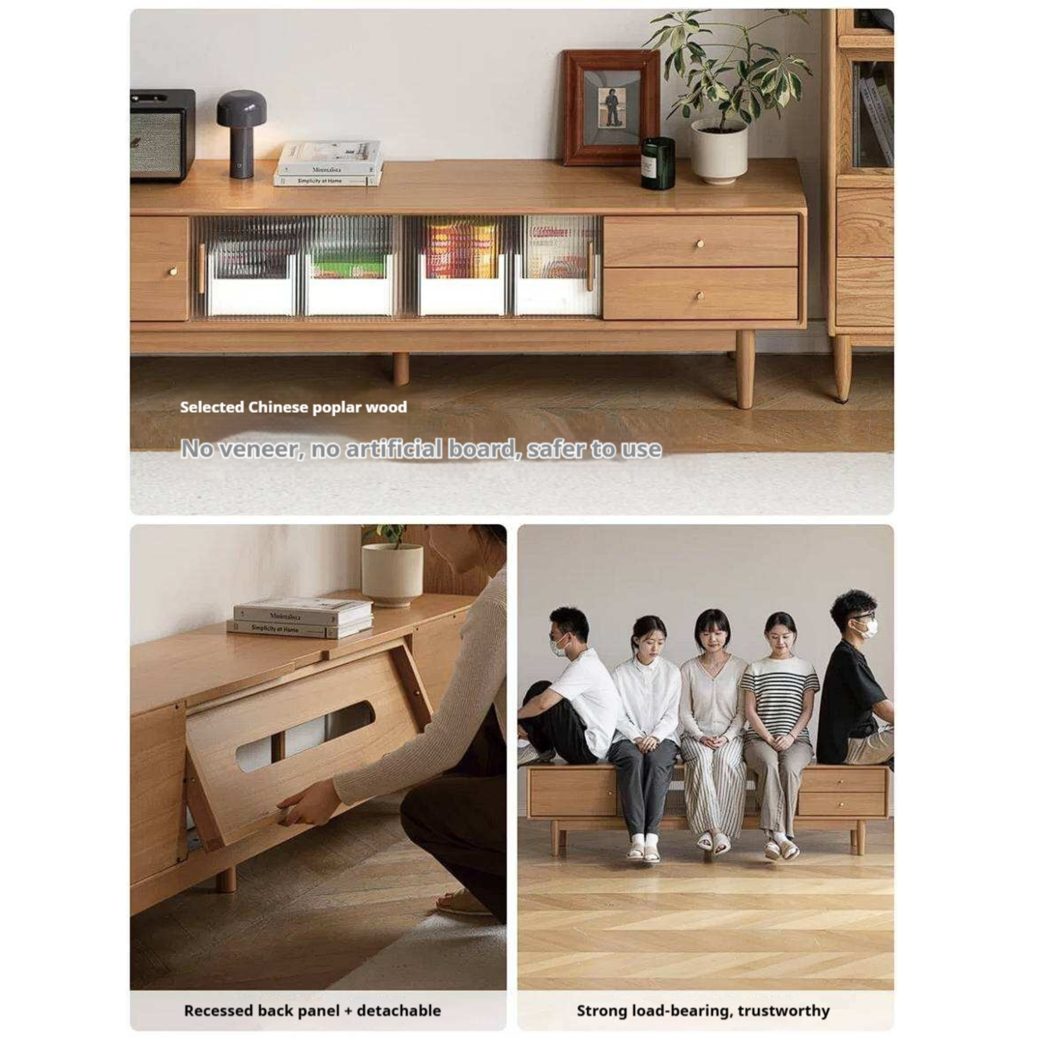 Poplar Solid Wood TV Cabinet with Glass Sliding Doors and Modern Storage