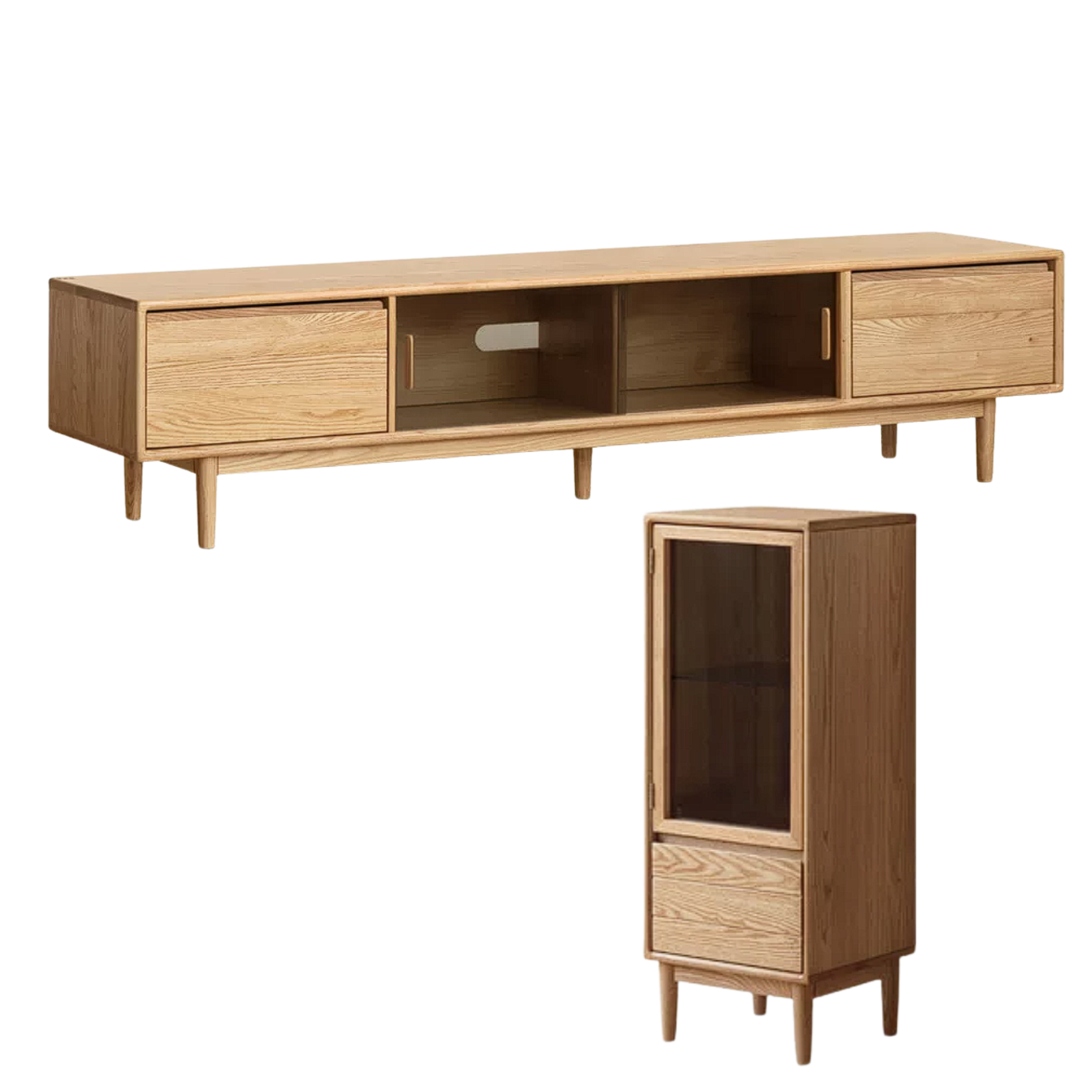 Oak, Ash Solid Wood TV Console with Ribbed Glass Sliding Doors and Tapered Legs