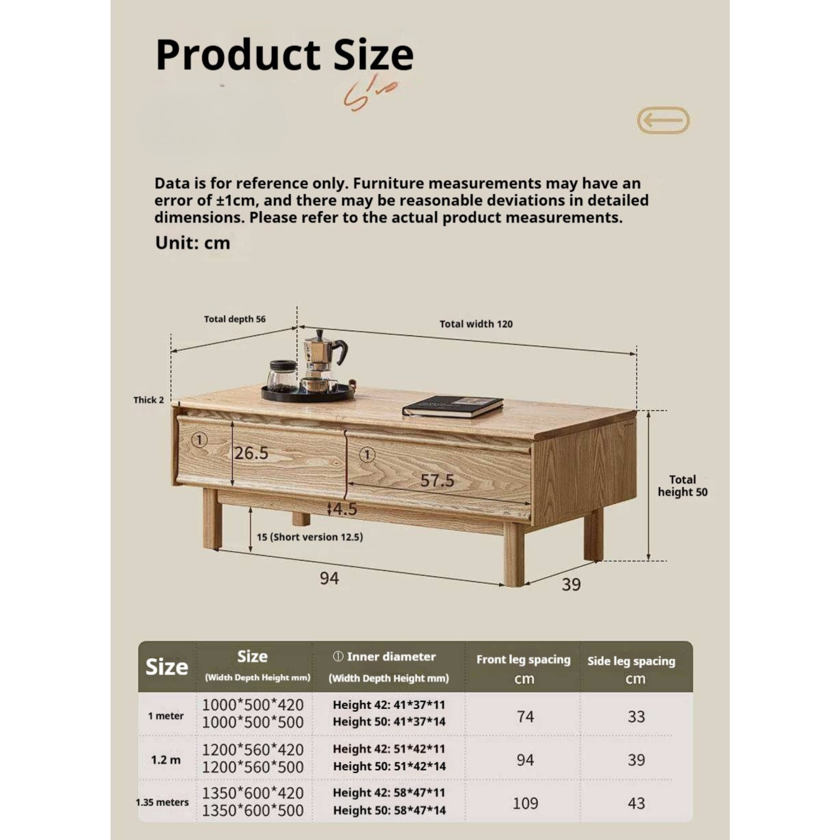 Ash Solid Wood Coffee Table with Beveled Edge, Two Drawers, Tapered Legs