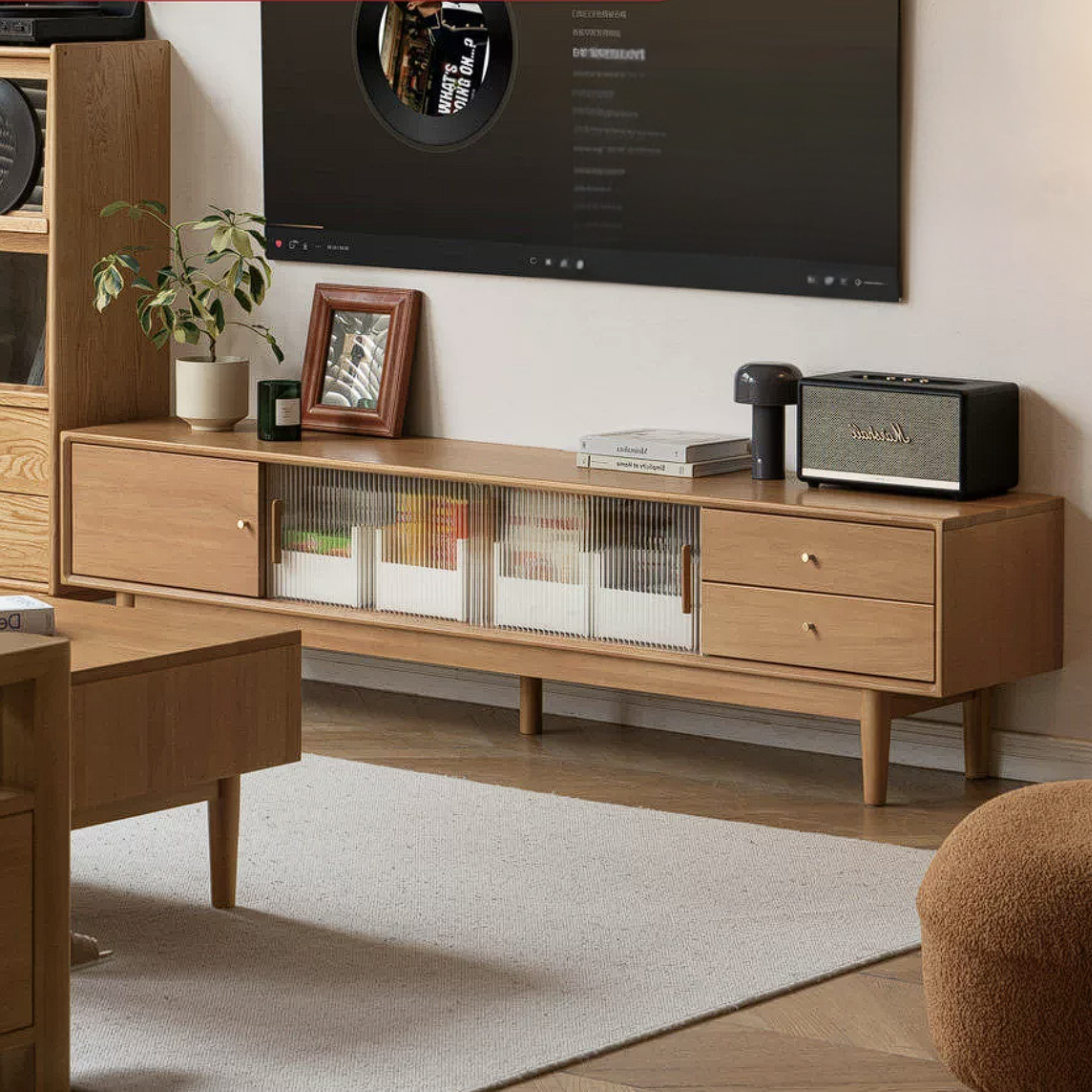 Poplar Solid Wood TV Cabinet with Glass Sliding Doors and Modern Storage