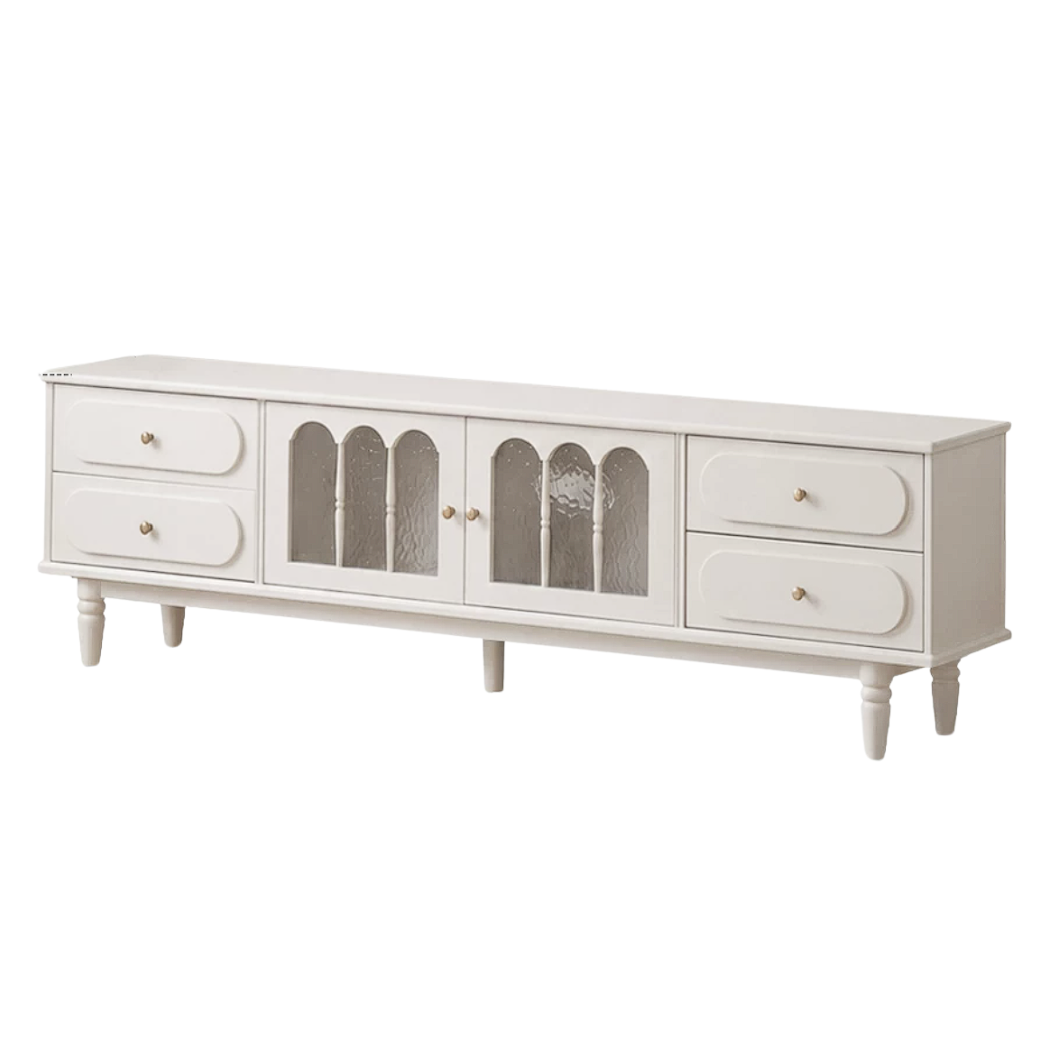 Cherry Solid Wood, Rubberwood French Country TV Console with Arched Glass Doors