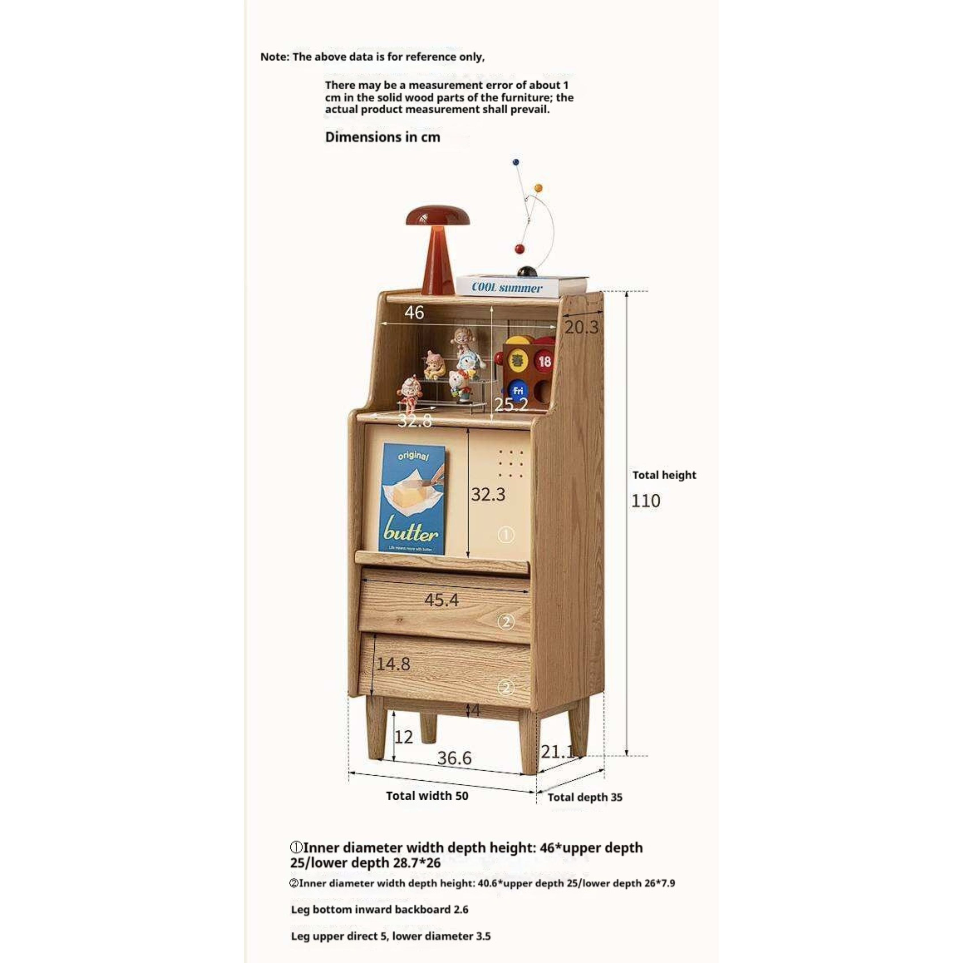 Oak Solid Wood Tall Narrow Cabinet with Open Shelf and Flip Door