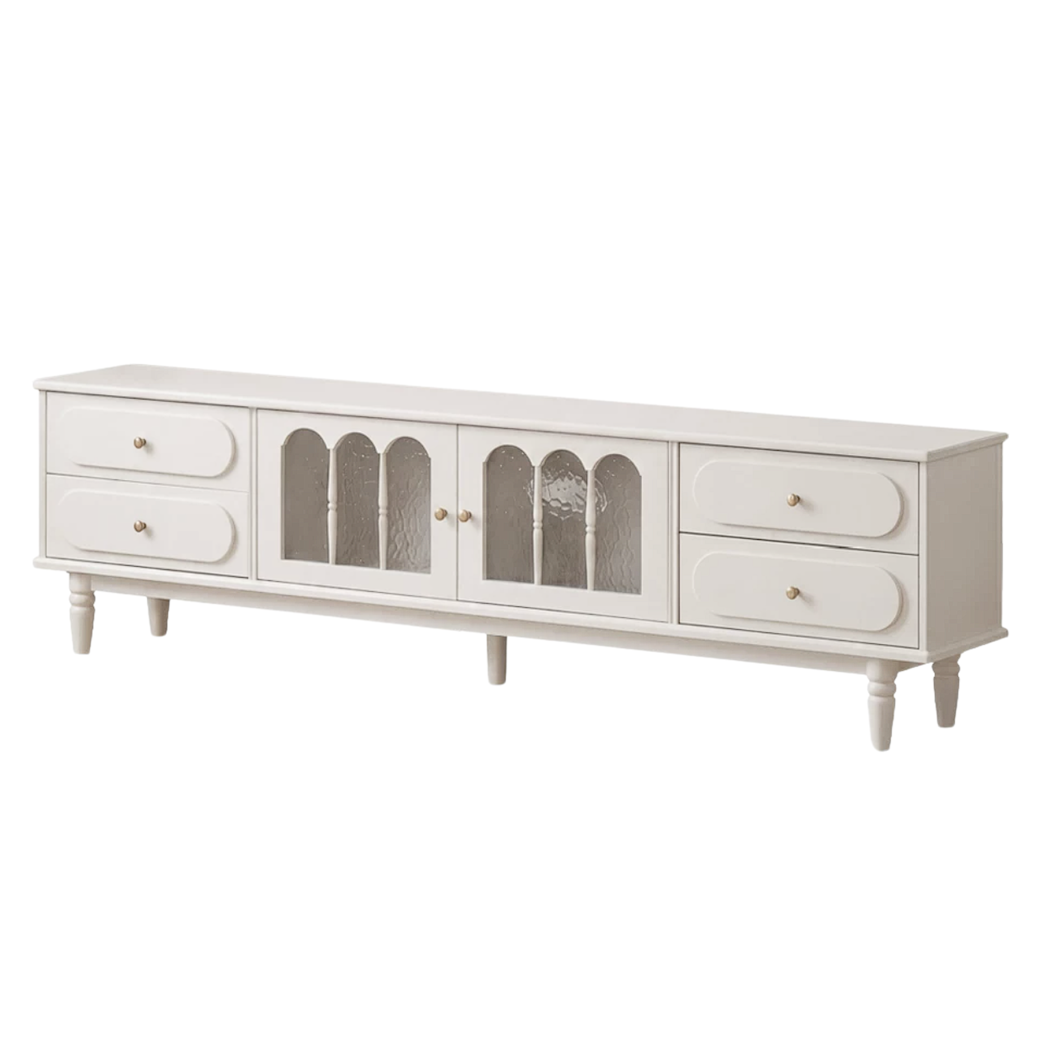 Cherry Solid Wood, Rubberwood French Country TV Console with Arched Glass Doors
