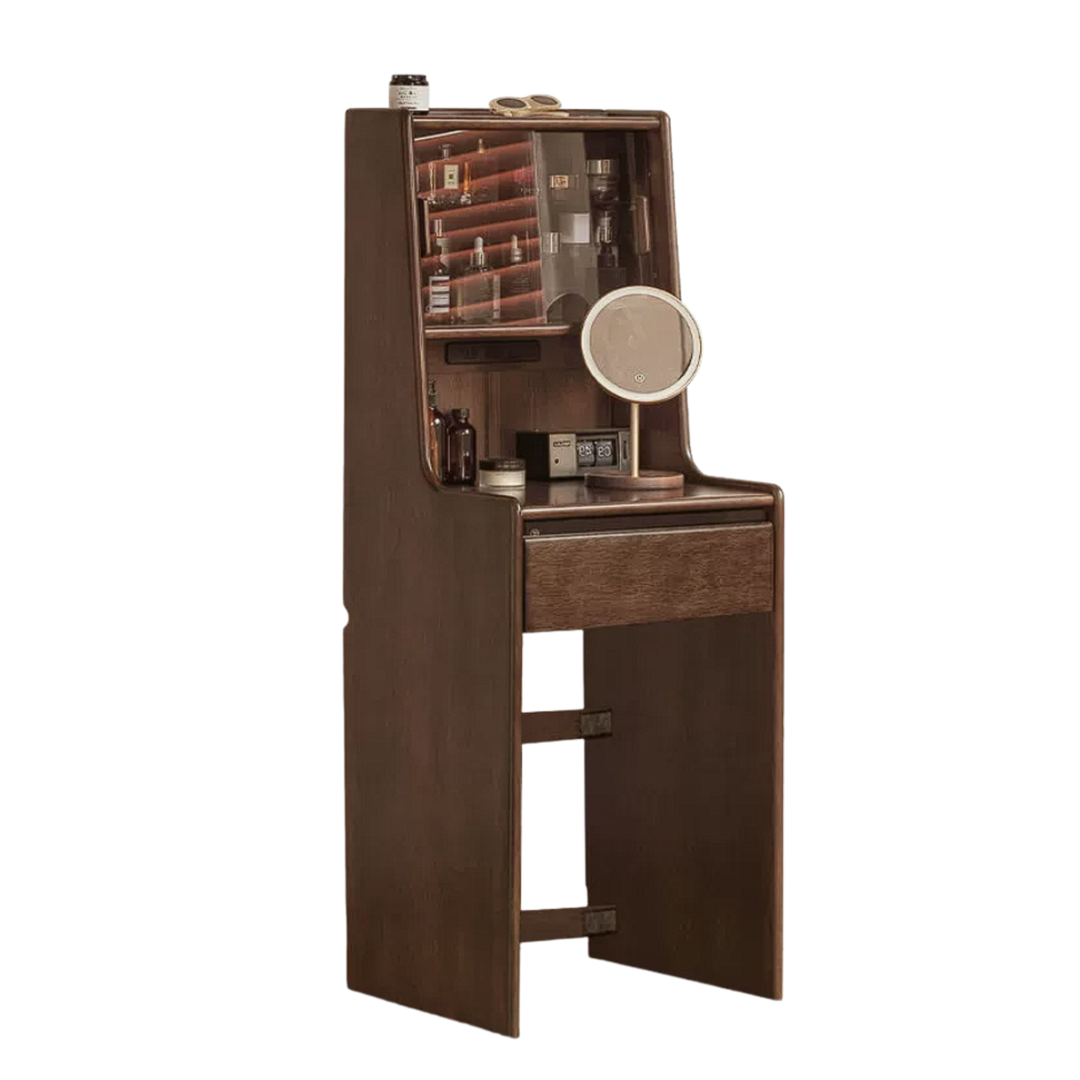 Black Walnut, Golden Pearwood Solid Wood Compact Bedside Vanity Table with LED Mirror and Pull-Out Cushioned Stool