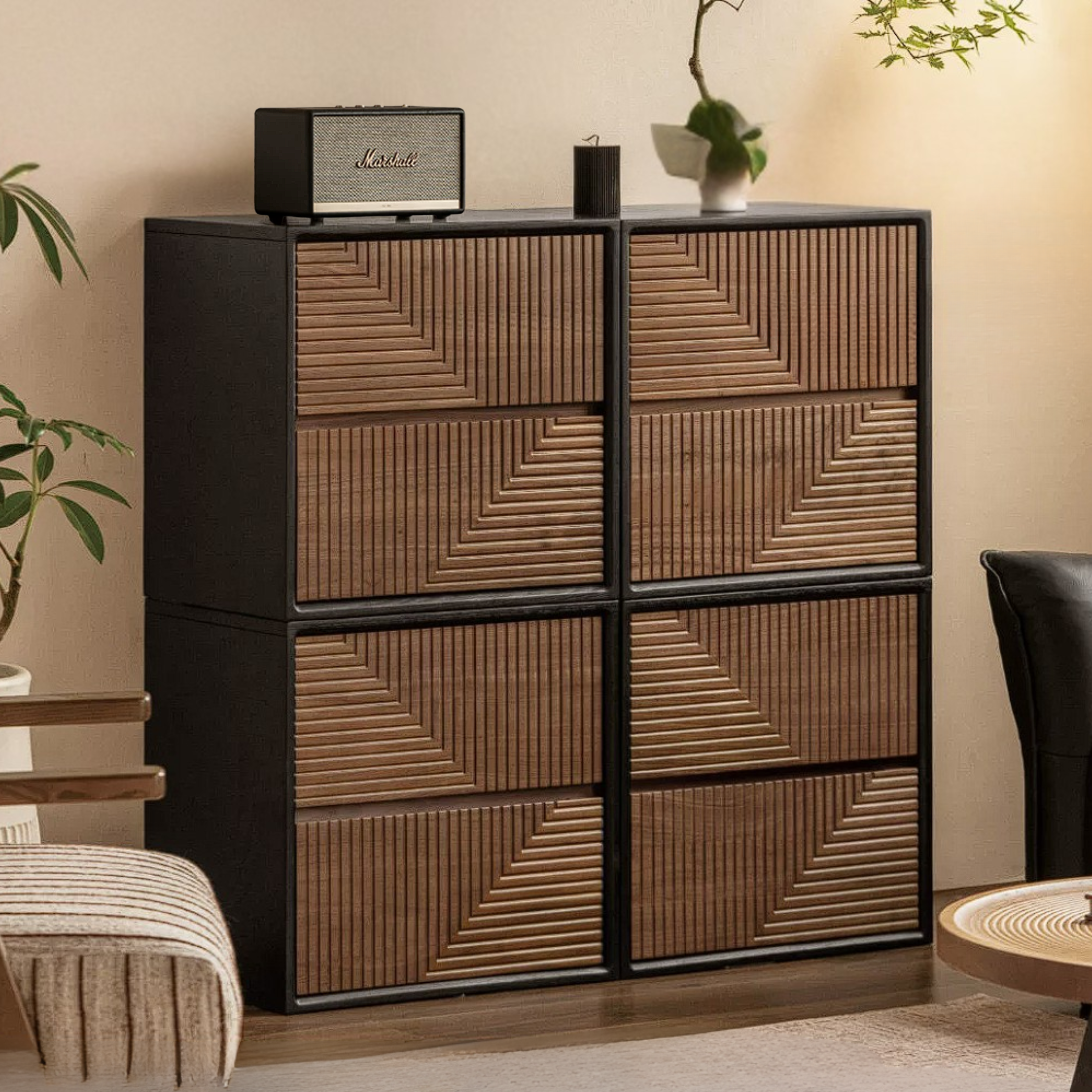 Black Walnut Solid Wood Geometric Relief Art Dresser