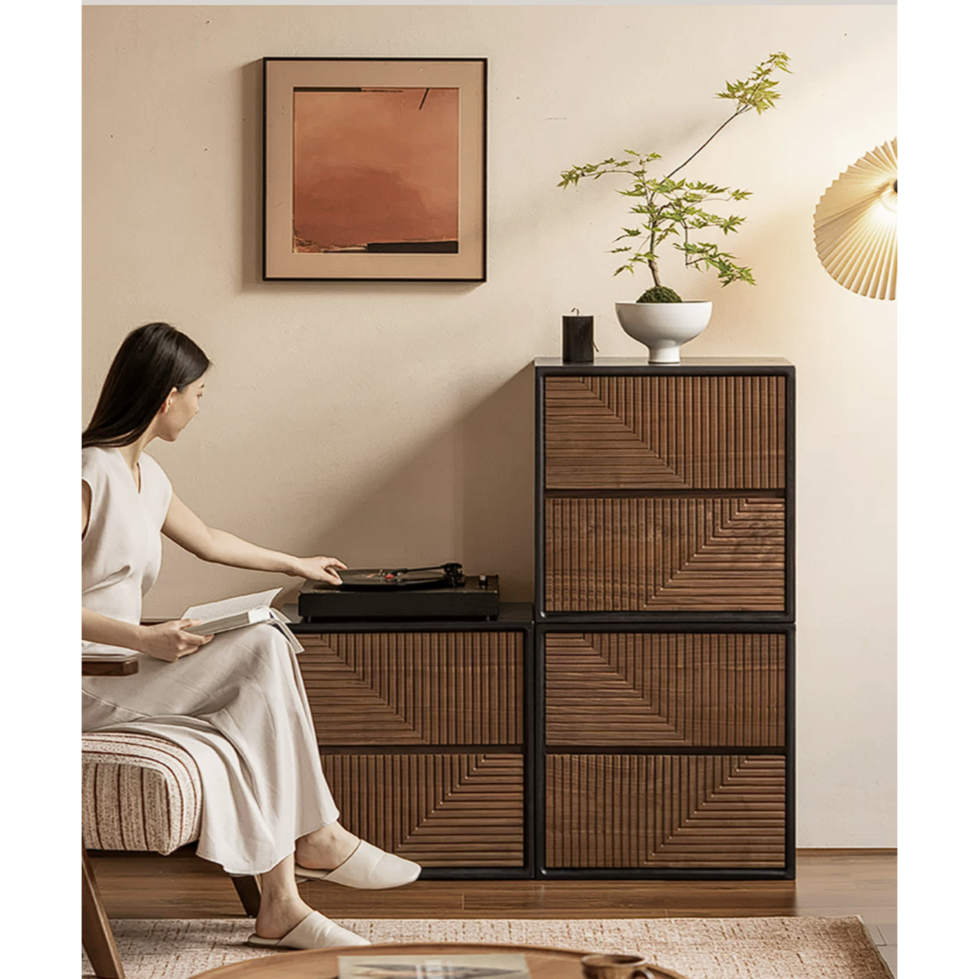 Black Walnut Solid Wood Geometric Relief Art Dresser