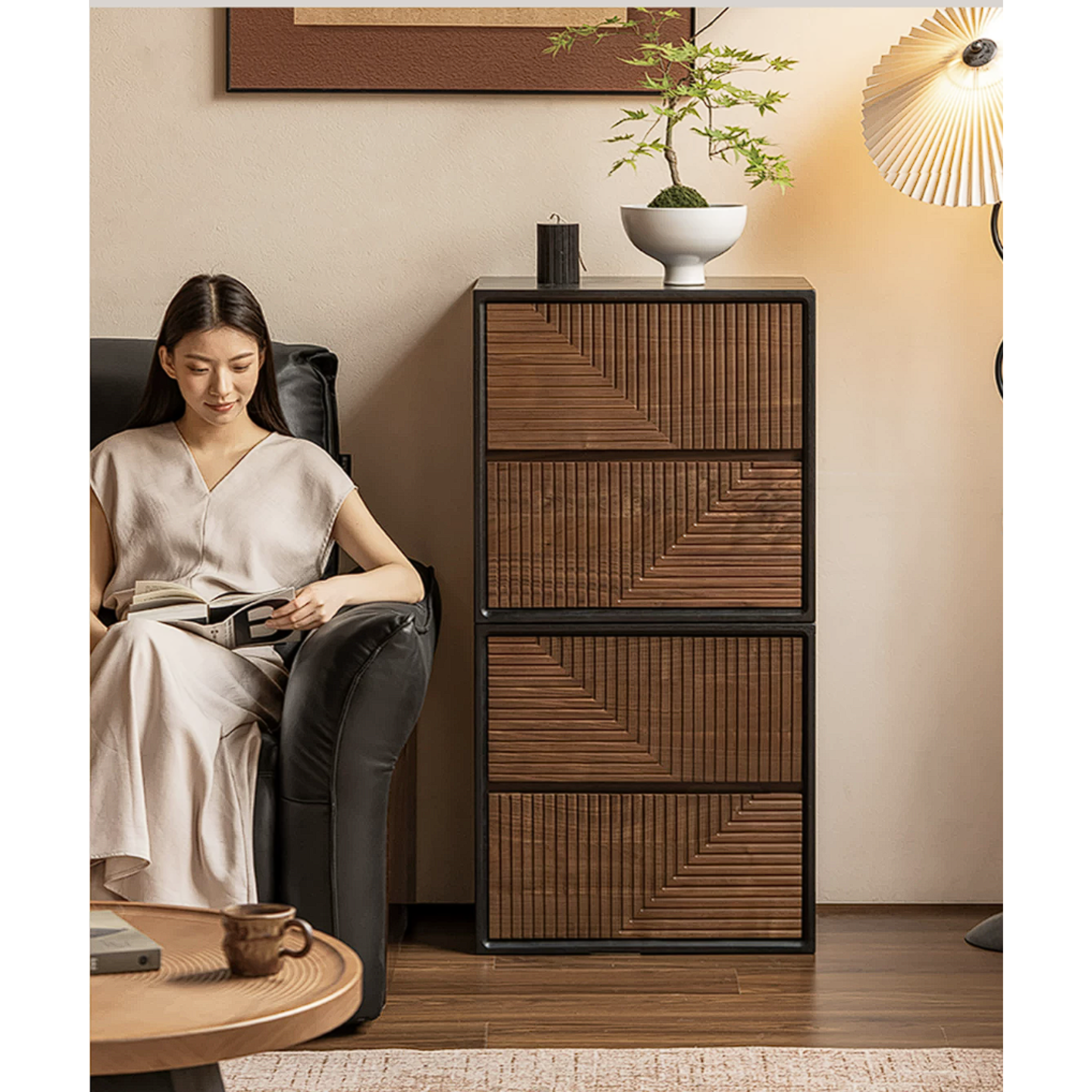 Black Walnut Solid Wood Geometric Relief Art Dresser