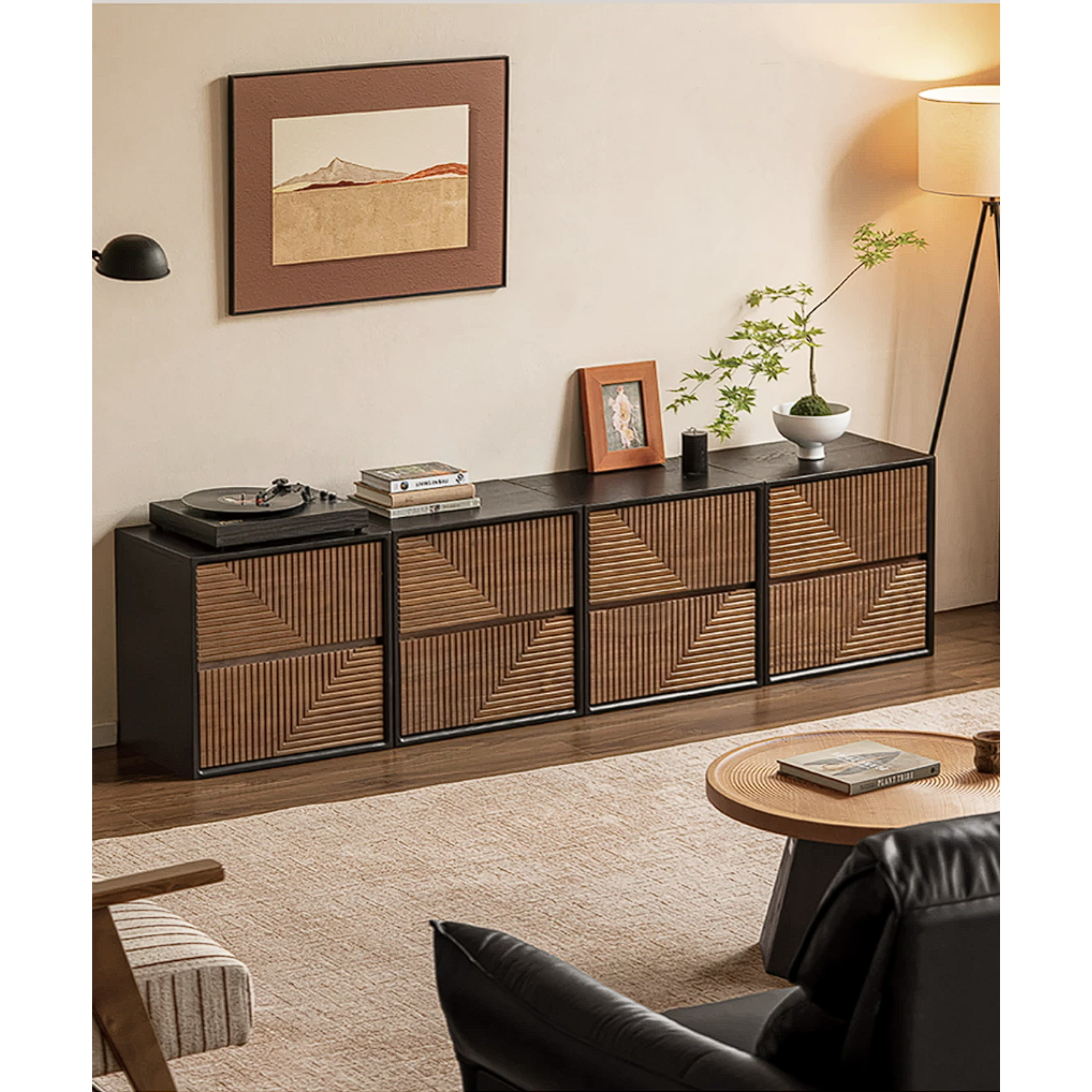 Black Walnut Solid Wood Geometric Relief Art Dresser