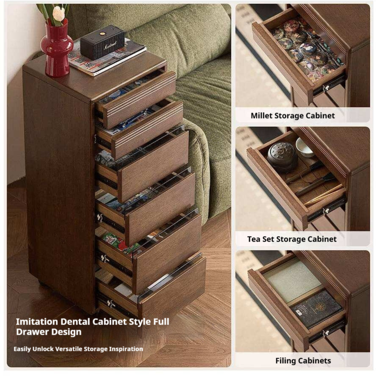 Golden Sandalwood Solid Wood Slim Rolling File Cabinet with Six Storage Drawers