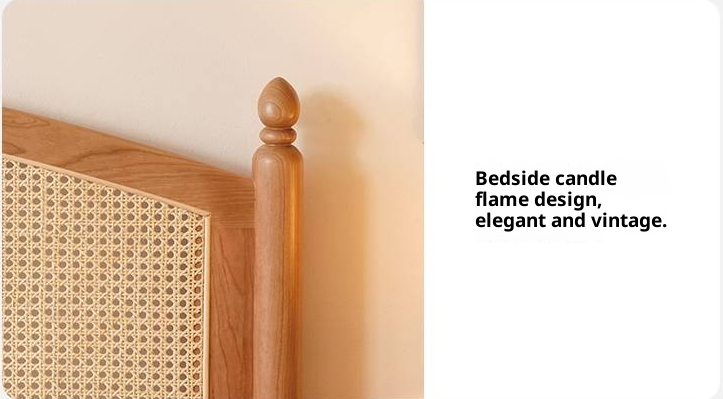 Cherry Solid Wood Rattan Bed Retro
