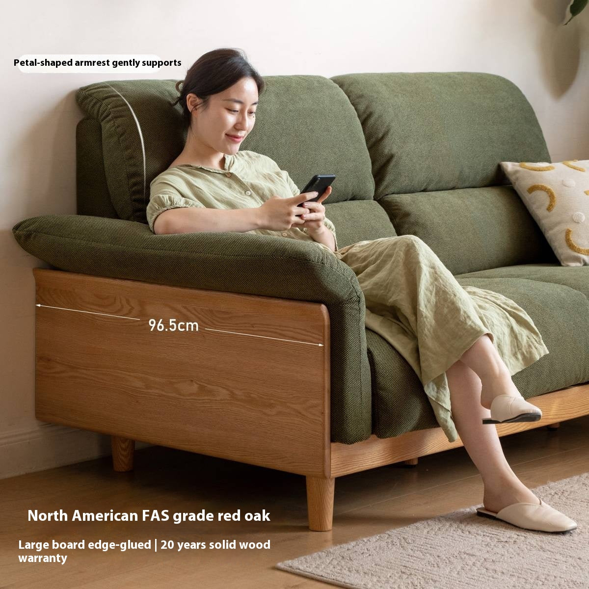 Oak Solid Wood Fabric Sofa, Couch with High Back Cushions, Durable Pet-Friendly Upholstery