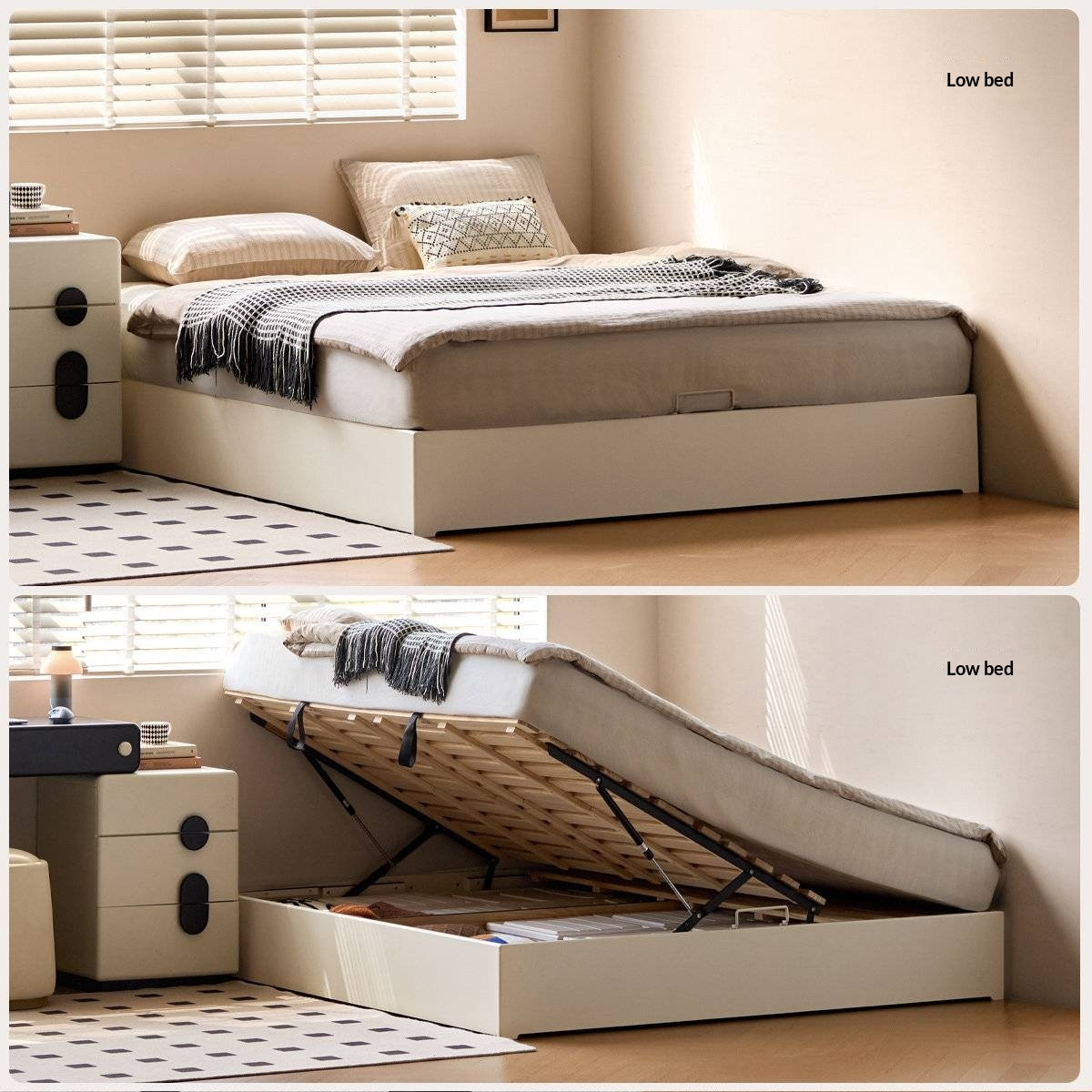Rubberwood Solid Wood Storage Bed with No Headboard and Side-Opening Lid