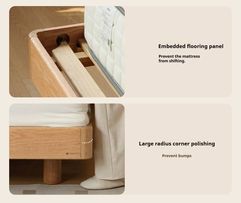 Oak Solid Wood Bed — Modern Minimalist, Genuine Leather Upholstered, Floating Design with Light