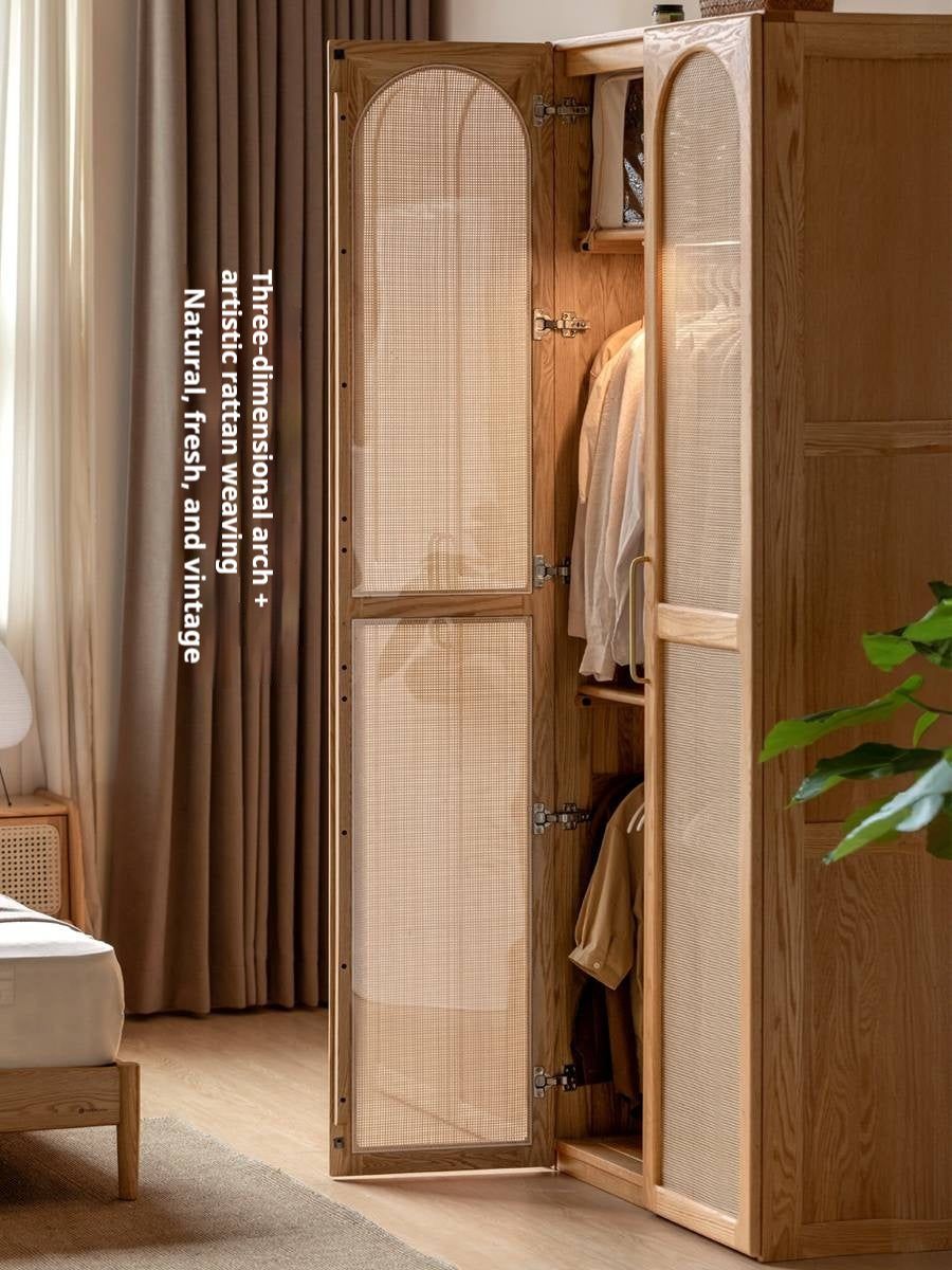 Oak Solid Wood Rattan Door Floor Wardrobe
