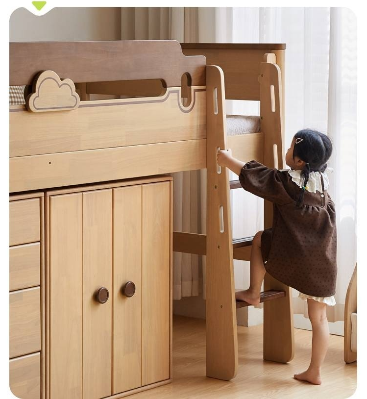 Rubberwood Solid Wood Children's Loft Bed with Under-Bed Cabinets