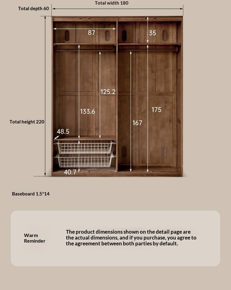 Black Walnut Solid Wood Wardrobe with Italian Light Luxury Style and Double Doors