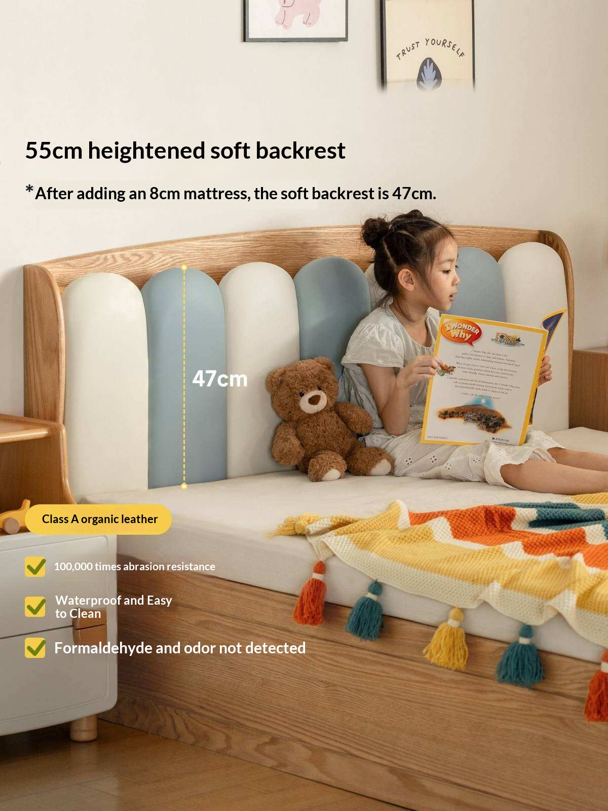 Oak Solid Wood Kids Bed with Adjustable Channel-Tufted Headboard and Gas-Lift Storage