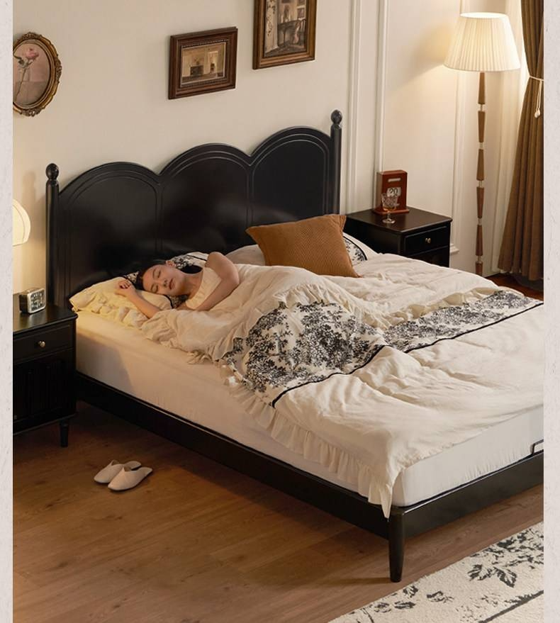 Rubberwood Solid Wood Bed — French Vintage Style, Large Slab Bed