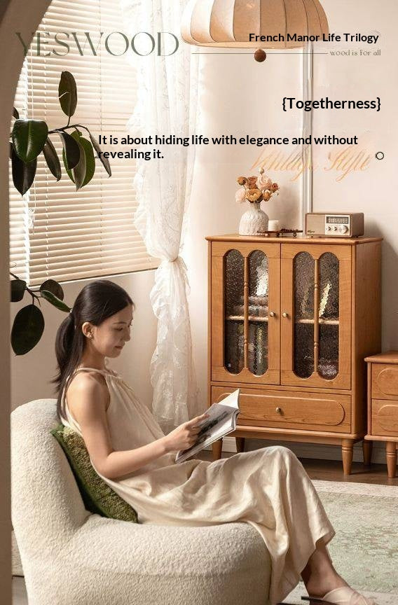 Cherry Solid Wood Side Cabinet with Glass Panels and Storage Shelves