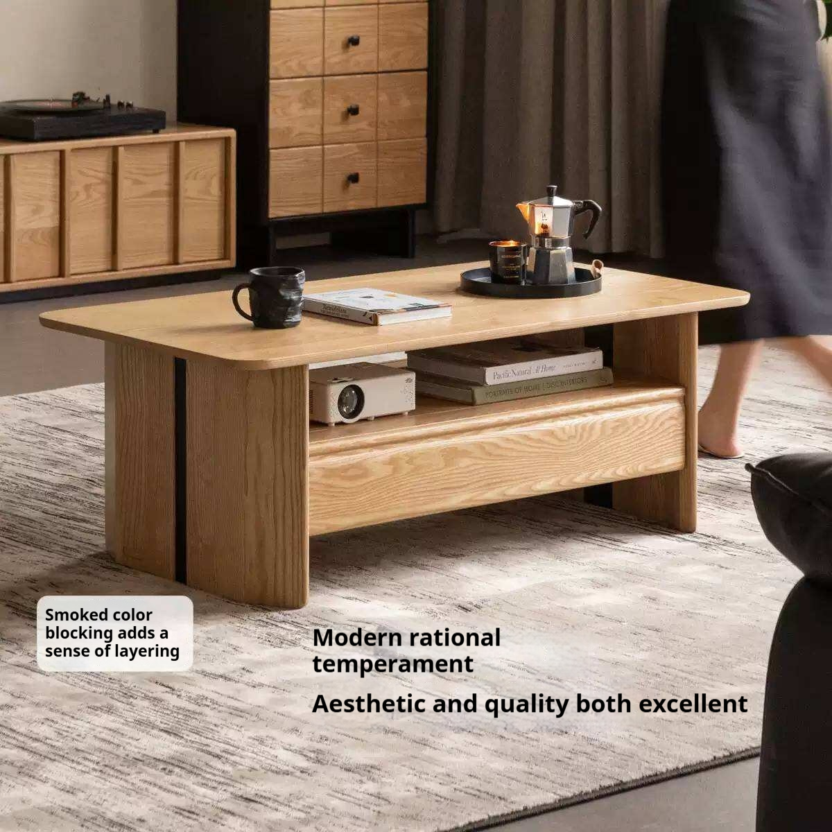 Ash Solid Wood Coffee Table with Two-Level Storage and Minimalist Design