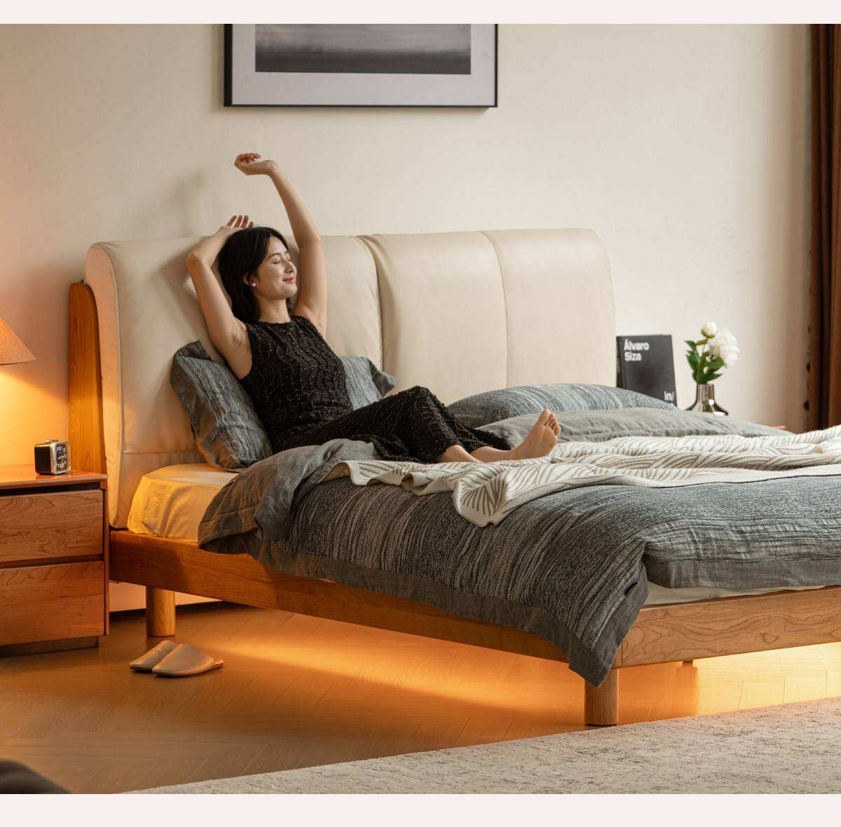 Cherry Solid Wood Bed with Genuine Leather Upholstered Headboard and LED Lighting