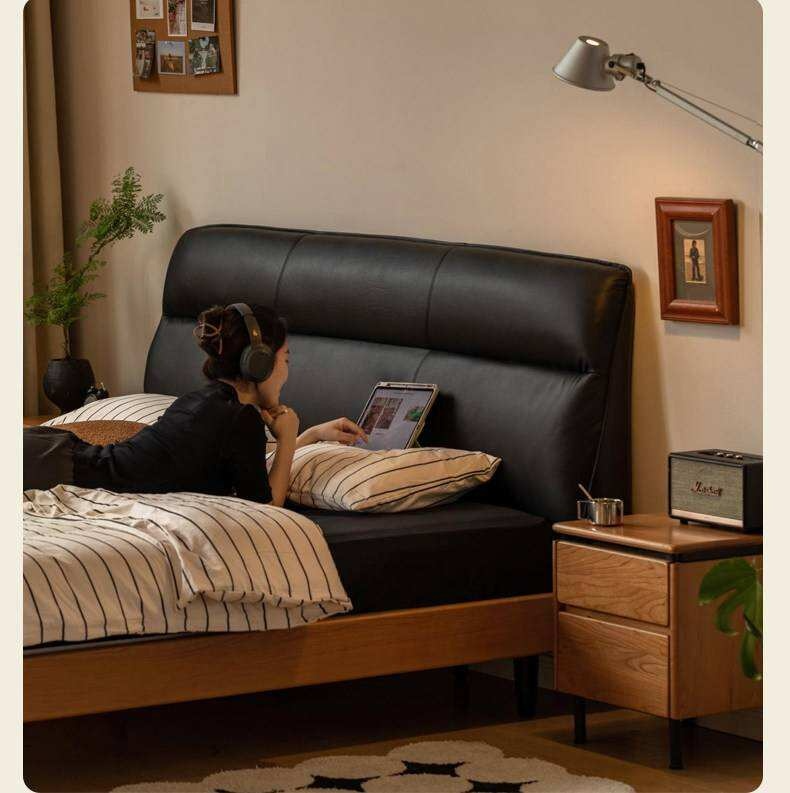 Cherry Solid Wood Genuine Leather Curved Upholstered Headboard Platform Bed