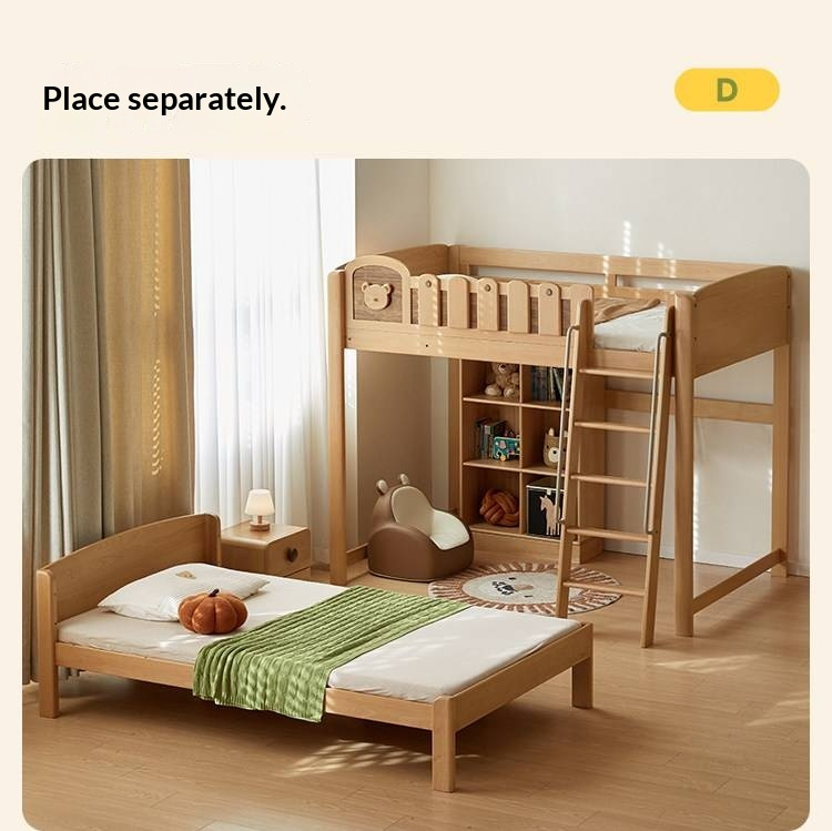Beech Solid Wood L-Shaped Bunk Bed with Bookshelf Headboard and Detachable Guardrail