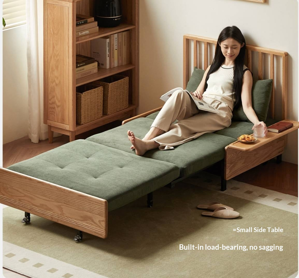 Oak Solid Wood Sleeper Sofa Chair Bed with Attached Fold-Out Side Tray