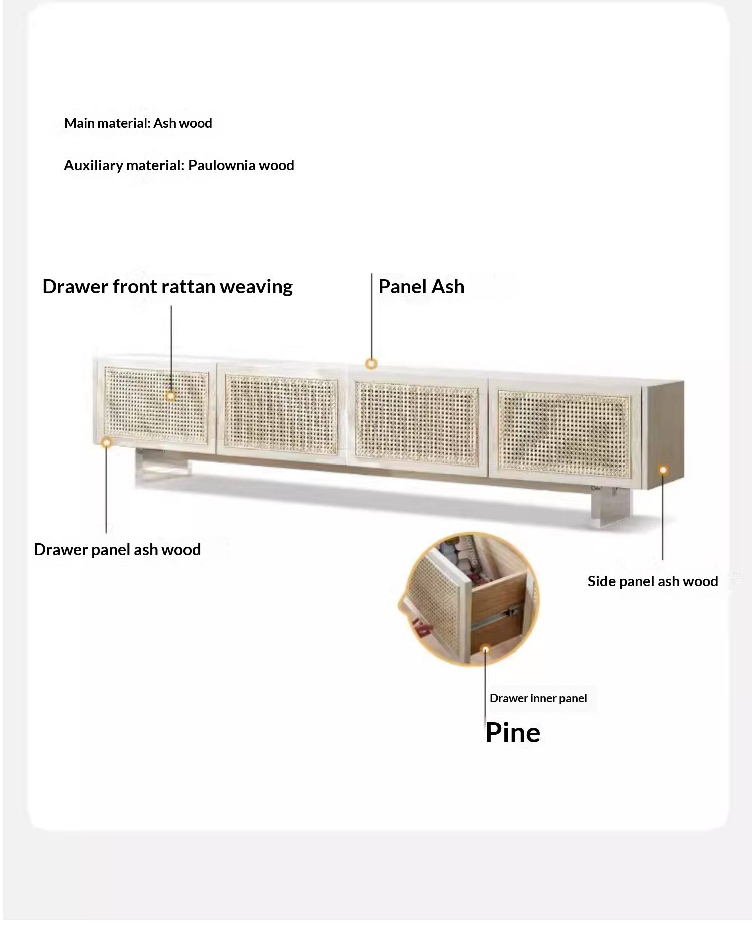 Ash Solid Wood Rattan TV Cabinet Cream Style LED Lights.
