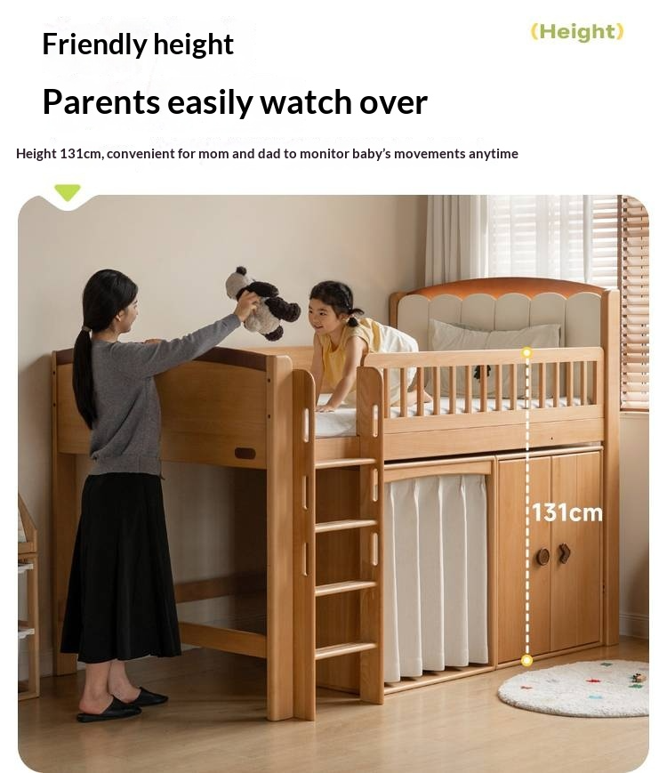 Beech Solid Wood Children's Soft Backrest Storage Loft Bed with Night Light