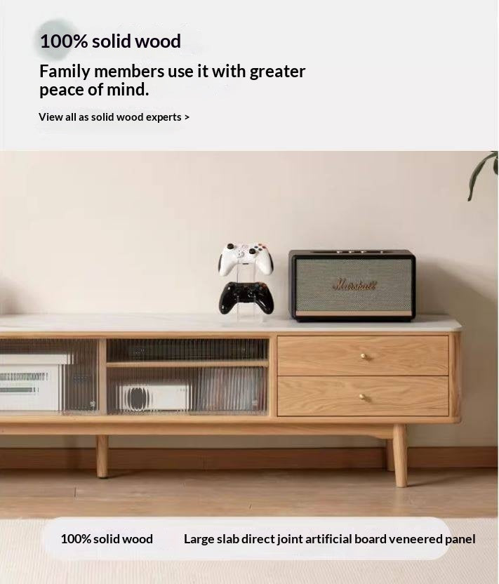 Oak, Poplar, Beech Solid Wood Sliding Door TV Stand With Rock Slab Surface.