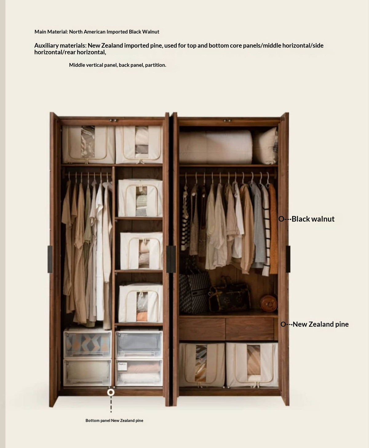 Black Walnut Solid Wood Wardrobe Combination Storage Cabinet