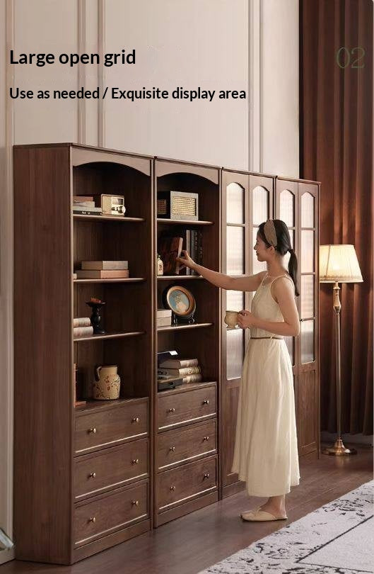 Black Walnut Solid Wood Bookshelf and Display Cabinet with Vintage French Profile