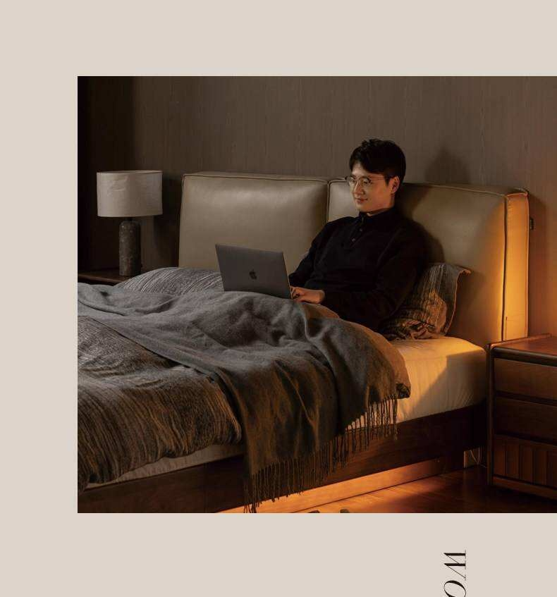 Black Walnut Solid Wood Box Bed — Italian Light Luxury, Genuine Leather Upholstered Headboard