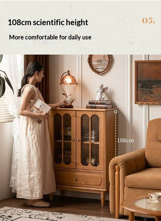 Cherry Solid Wood Side Cabinet with Glass Panels and Storage Shelves