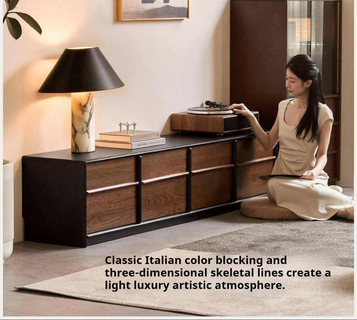 Oak Solid Wood Floor Standing TV Cabinet with Italian-Inspired Skeleton Line