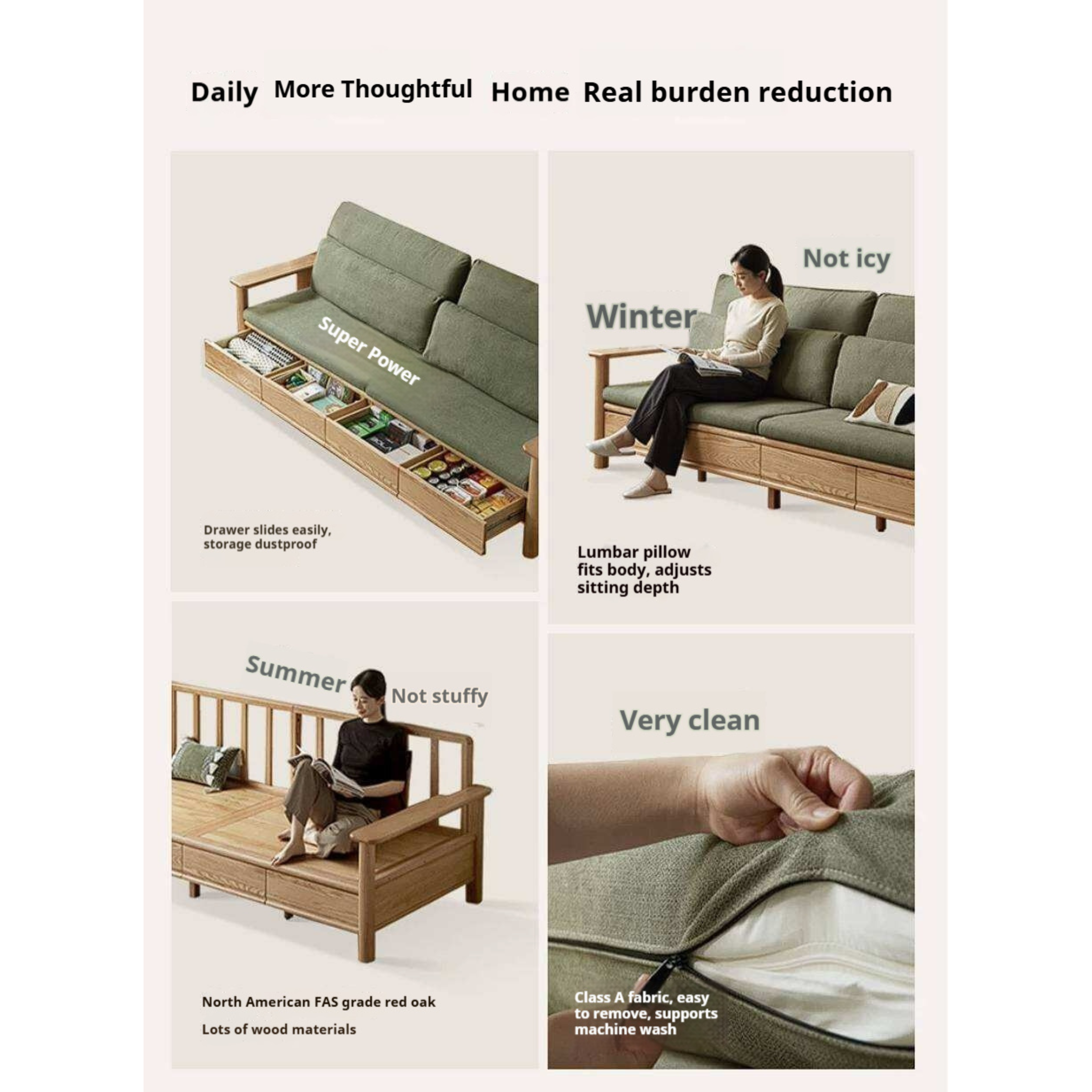 Oak Solid Wood Sofa Bed with Storage Drawers