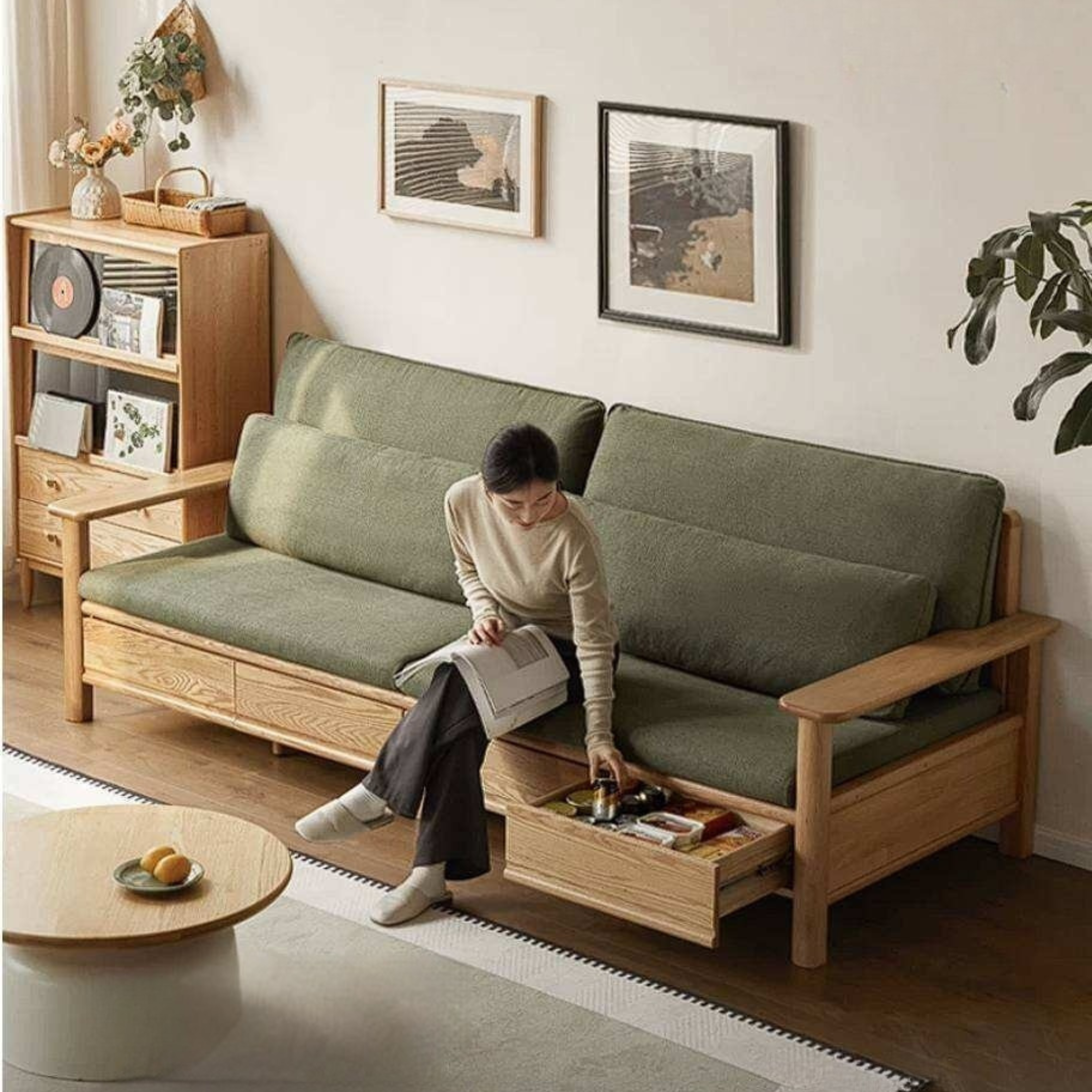Oak Solid Wood Sofa Bed with Storage Drawers