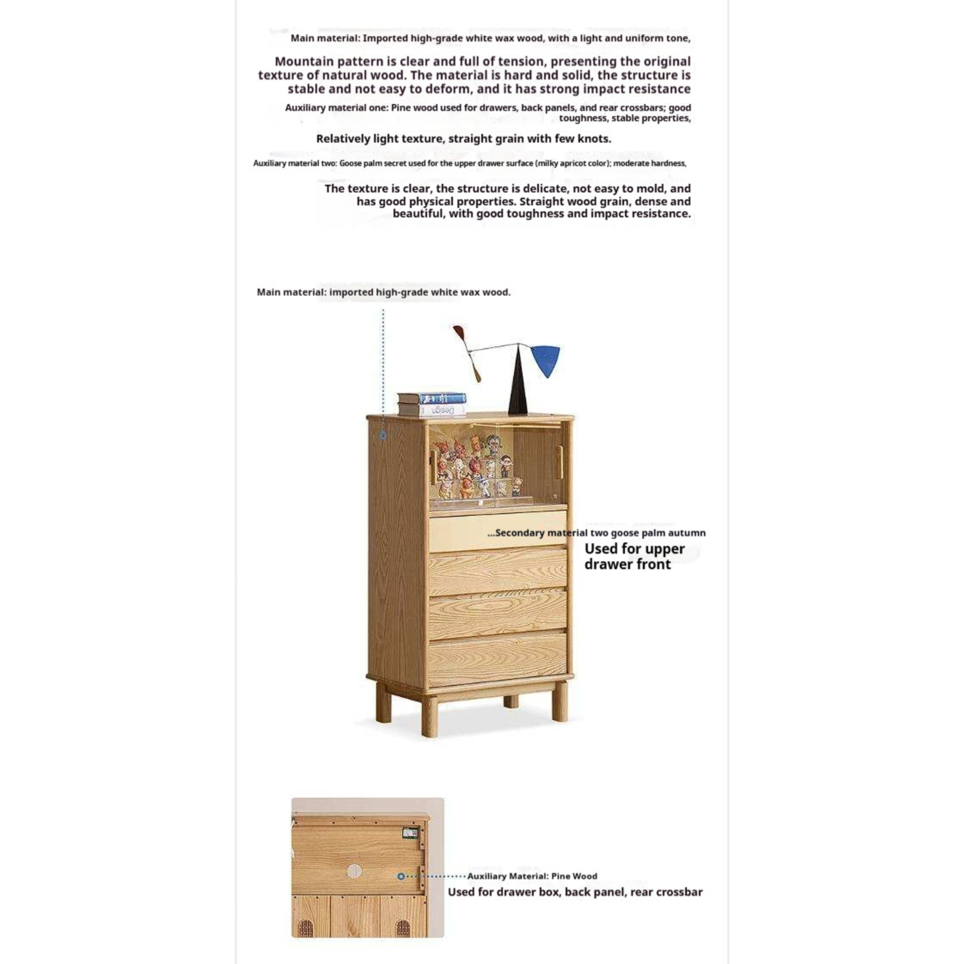 Ash Wood Solid Wood Side Cabinet with Glass and Light Showcase