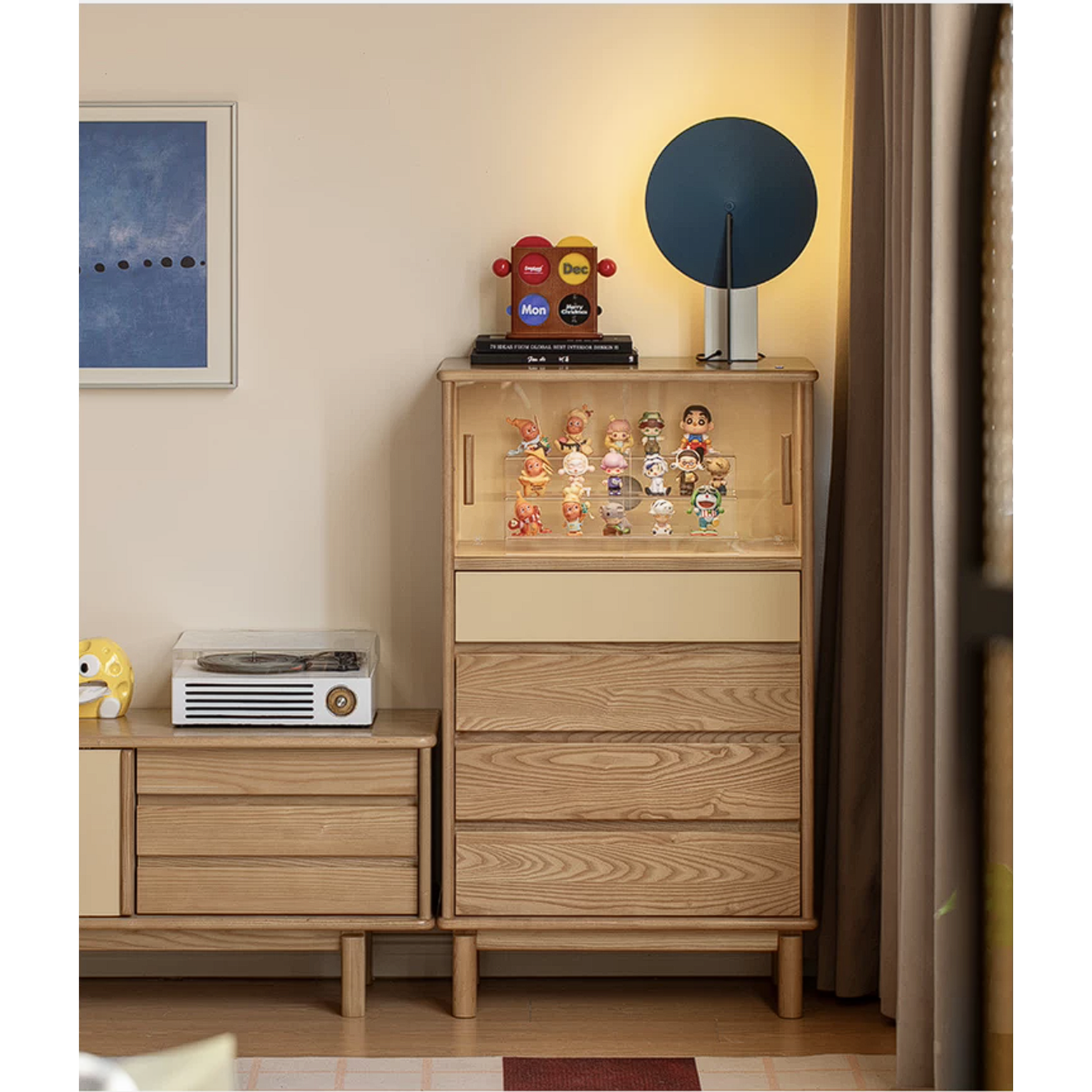 Ash Wood Solid Wood Side Cabinet with Glass and Light Showcase