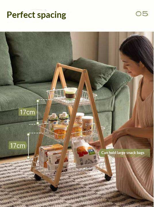 Beech Solid Wood Storage Rack with Multi-Layer and Mobile Trolley