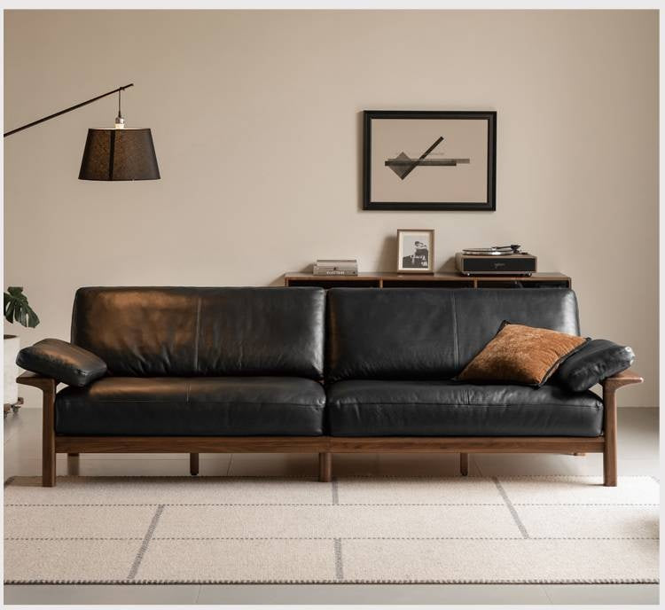 Black Walnut, Ash Solid Wood Wabi Sabi Style Genuine Leather Sofa, fabric sofa