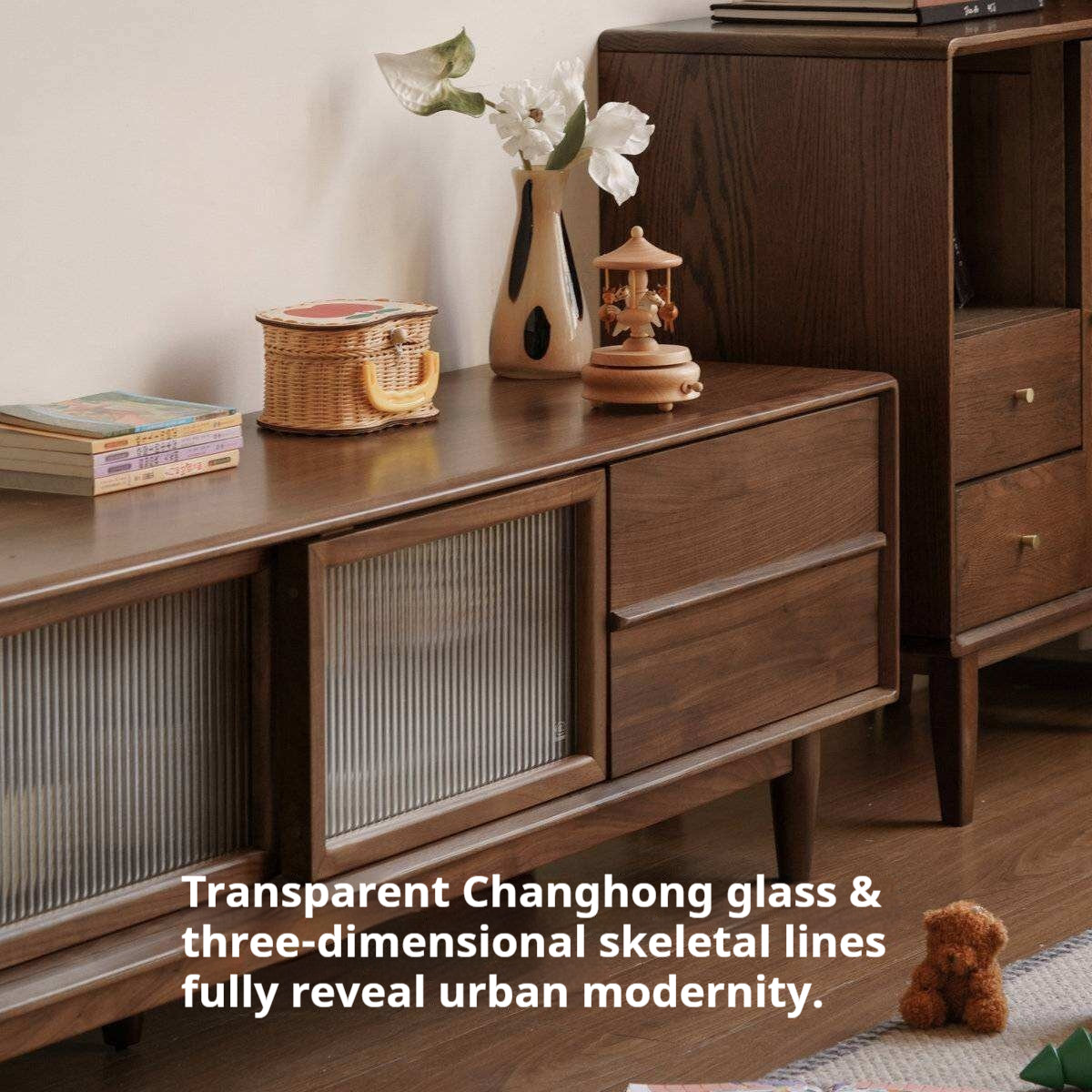 Black Walnut, Ash Solid Wood, Solid Longan Hardwood TV Cabinet with Sliding Door Storage